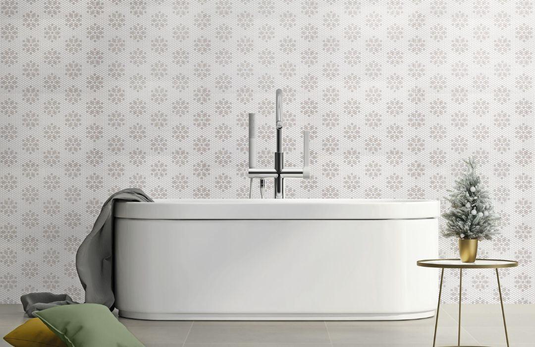 bayeux series backsplash tile with a tub and a small plant