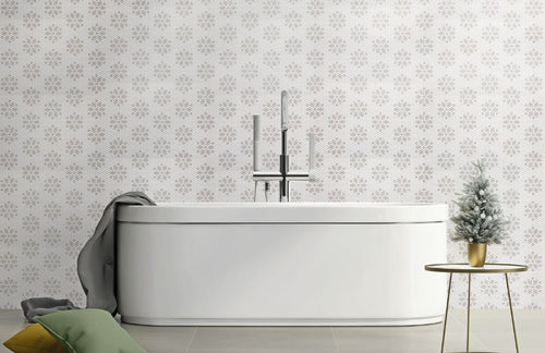 bayeux series backsplash tile with a tub and a small plant