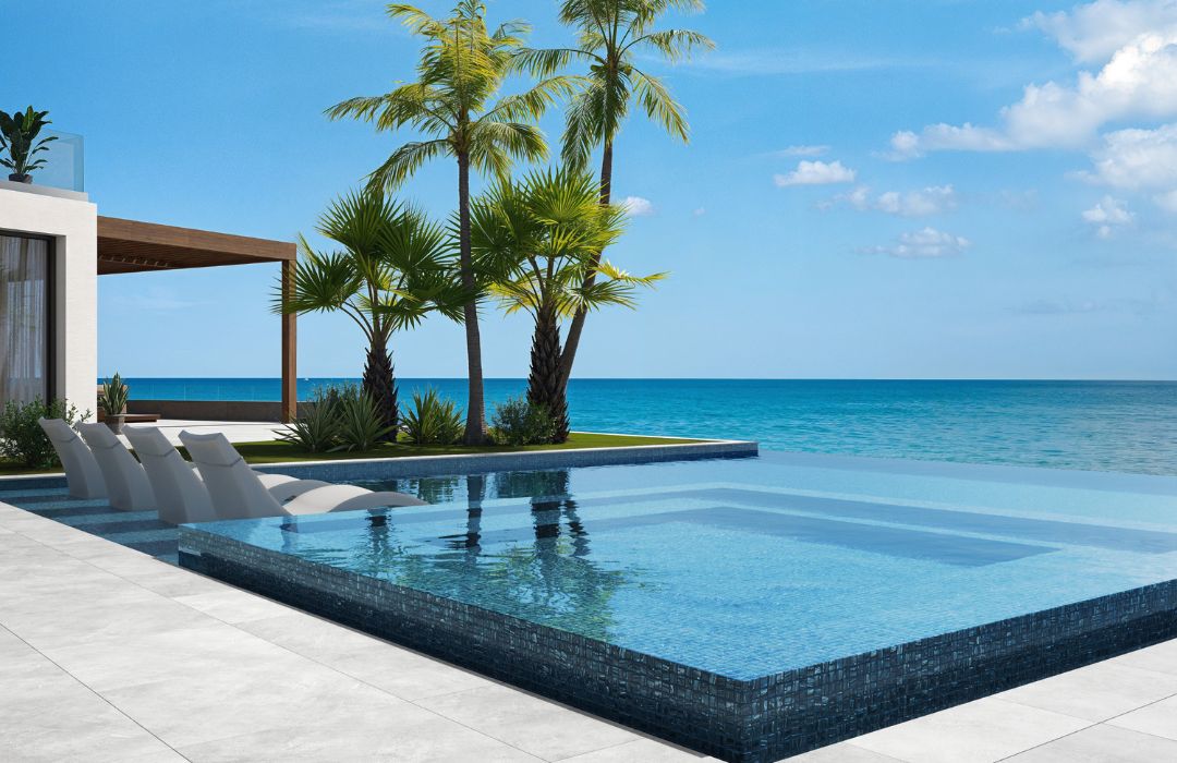 3D textured tile covering a full pool with trees and chairs 