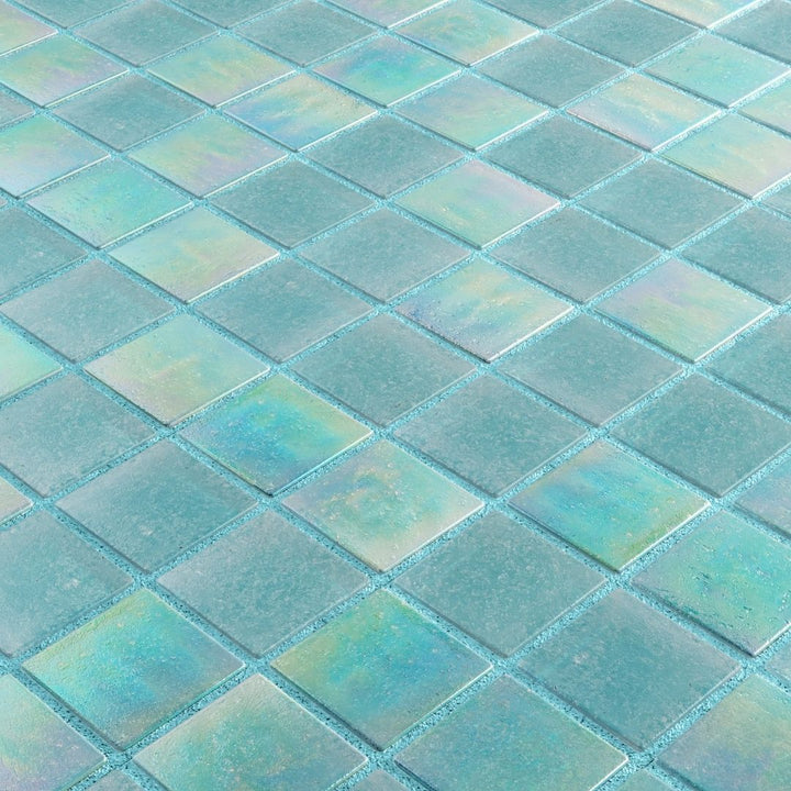 Iridescent glass mosaic tiles arranged in a diamond pattern