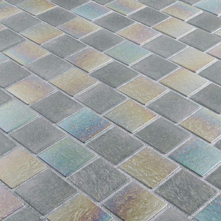 Iridescent glass mosaic tiles arranged in a diamond pattern
