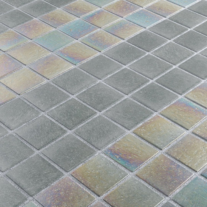 Iridescent glass mosaic tiles arranged in a diamond pattern