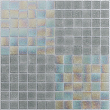 Square mosaic tiles with a gradient of blue, green, and gray colors on a white background.