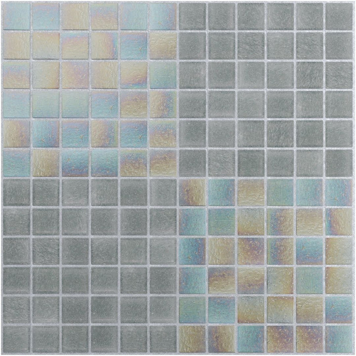 Square mosaic tiles with a gradient of blue, green, and gray colors on a white background.