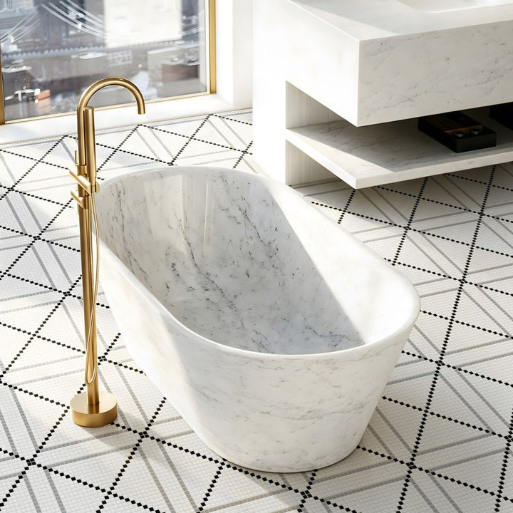 Calvin Bone Glass Mosaic Tile on a bathroom floor with a tub, sink and window