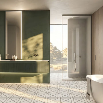 Calvin Cashmere, 1/2" Mosaic - Glass Tile in a bathroom with shower and bathtub