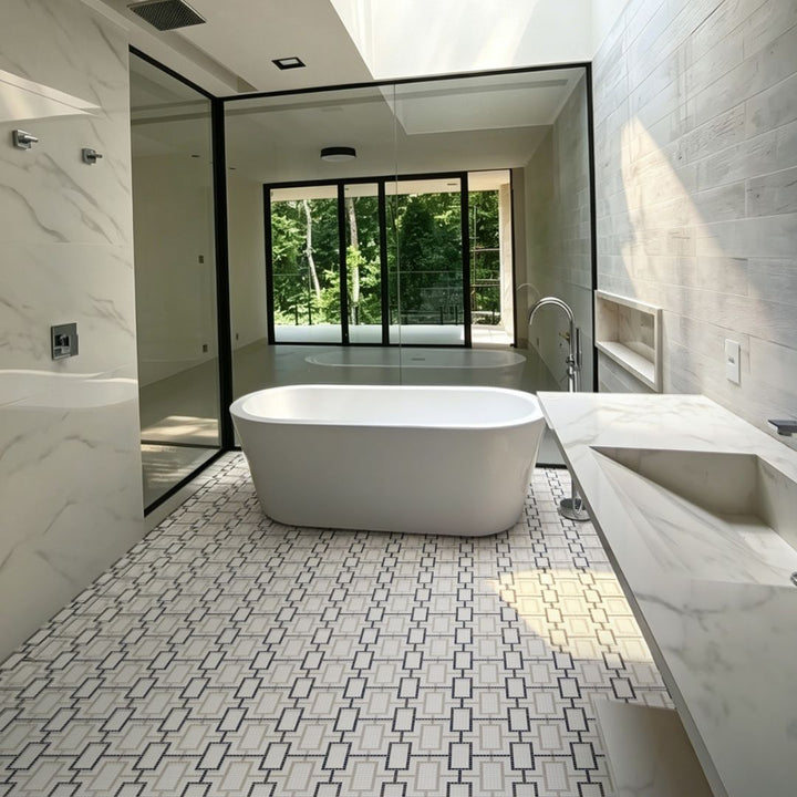 Cardin Bone Glass Mosaic Tile with a shower, bathtub, and sink