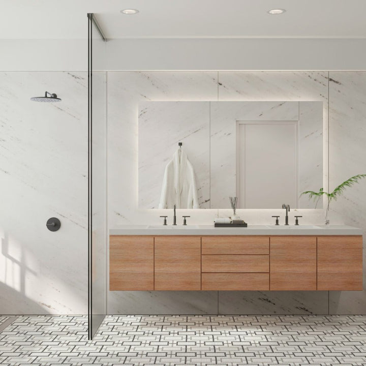 Cardin Cashmere Glass Mosaic Tile with a shower, two sinks, a mirror and robe