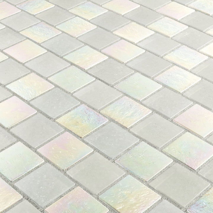 Iridescent glass mosaic tiles arranged in a diamond pattern