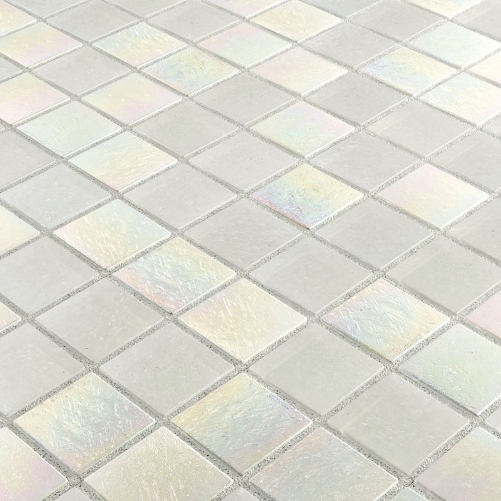 Iridescent glass mosaic tiles arranged in a diamond pattern