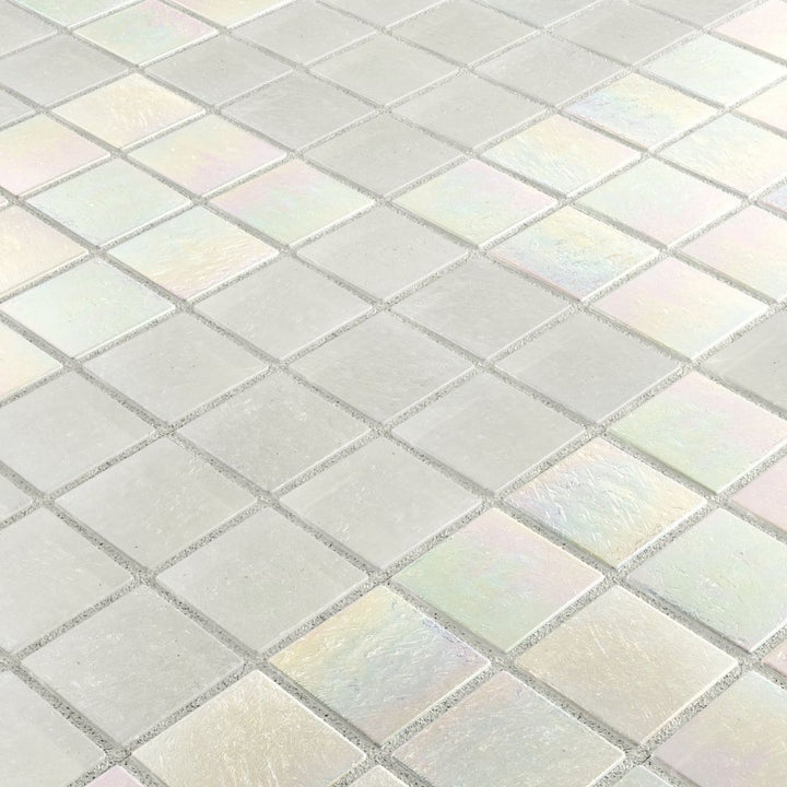 Iridescent glass mosaic tiles arranged in a diamond pattern