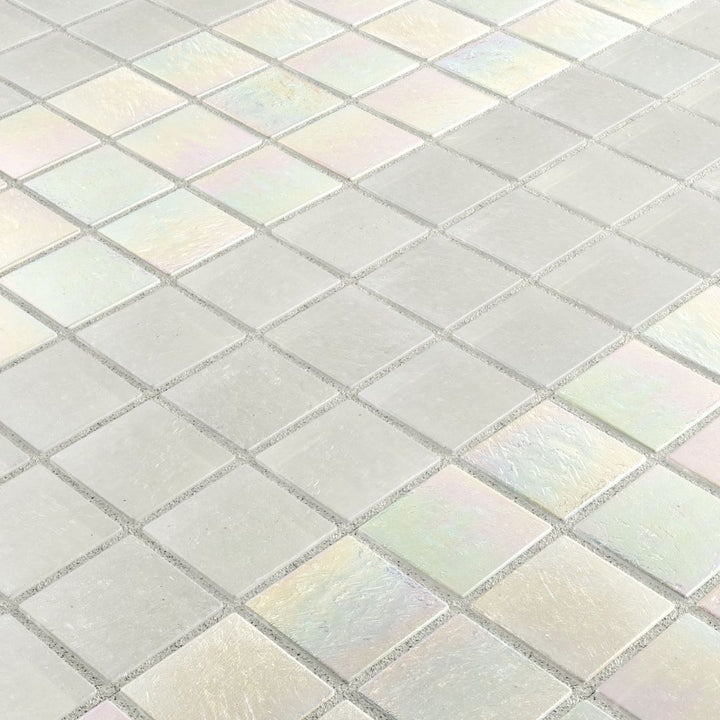 Iridescent glass mosaic tiles arranged in a diamond pattern