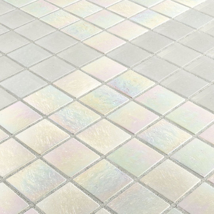 Iridescent glass mosaic tiles arranged in a diamond pattern