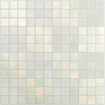 Mosaic tile pattern with small square tiles in pastel colors on a light gray background