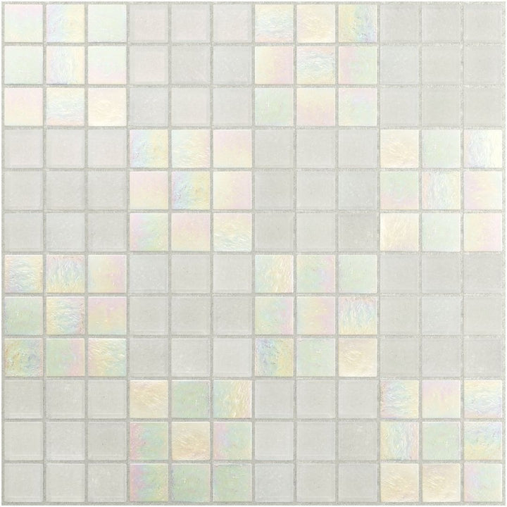 Mosaic tile pattern with small square tiles in pastel colors on a light gray background