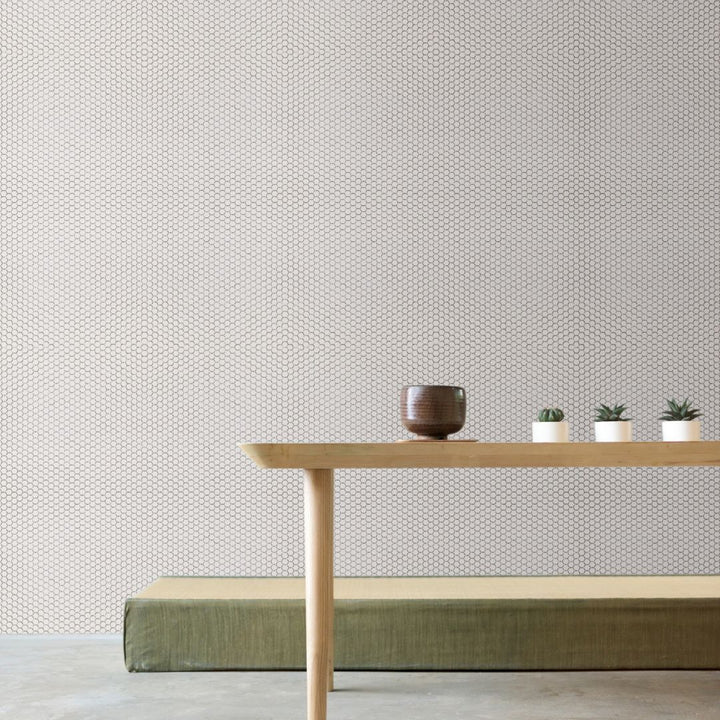 Solid Hexagon glass mosaic tile with a table and plants