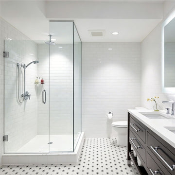Coco Haven Glass Mosaic Tile with a shower, sink and small flower