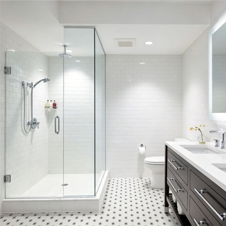 Coco Haven Glass Mosaic Tile with a shower, sink and small flower