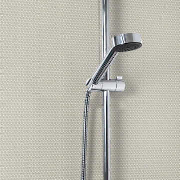 Flaxen Hexagon Glass Mosaic Tile with a shower head