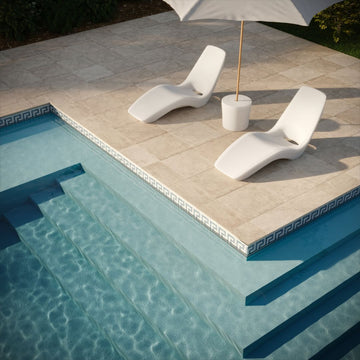 Flourite and White, 1" x 1" Greek Key Pattern - Glass Tile with loungers and umbrella