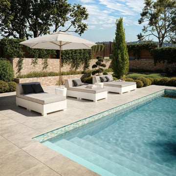 Fusion Light Green T, 1" x 2" - Glass Tile with Daybeds and umbrella 