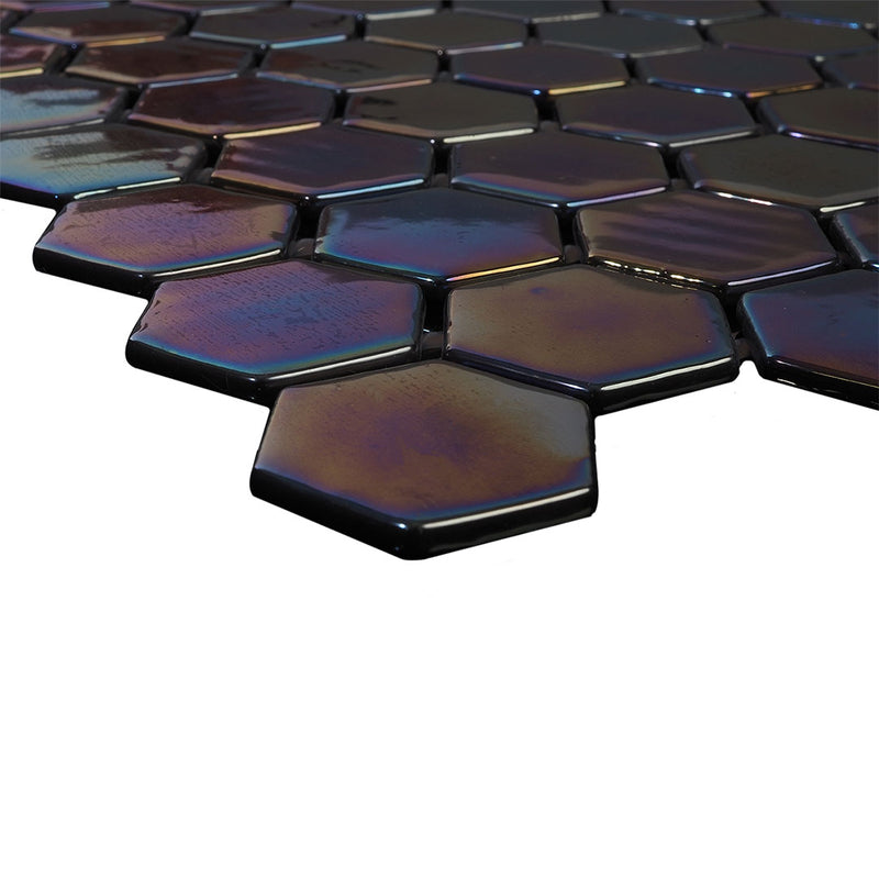 Black Pearl, Hexagon Mosaic Glass Tile | Pools, Spas, & Kitchens