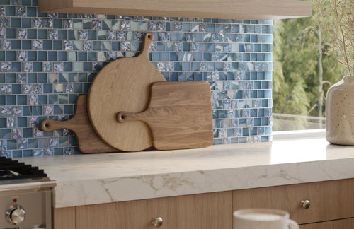 Glass kitchen Tile with cutting boards, stove and window