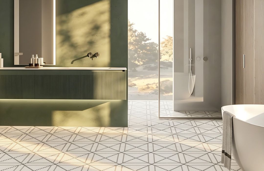glass bathroom tile with bathtub, sink, shower and mirror