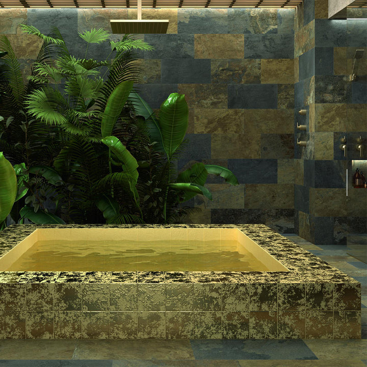Golden Stone Glossy, 6" x 6" Porcelain Tile | Metallic Pool Tile