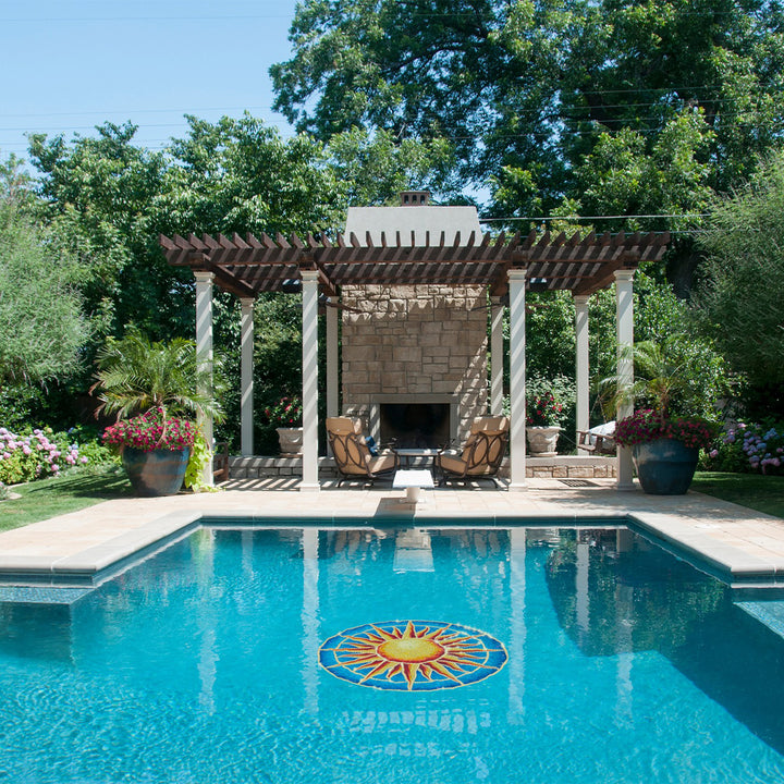 Golden Sun Medallion Pool Mosaic | Glass Pool Tile Designs