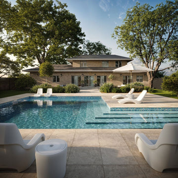 Harbour 1" x 2", Staggered Glass Tile with Forma loungers, table,chairs and umbrella