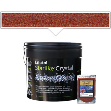 Litokol Starlike Crystal packaging with a sample of red material on a white background