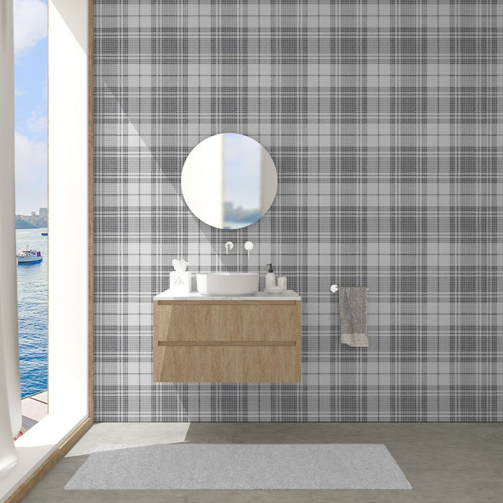 Highland Bristol Glass Mosaic Tile with a sink and circular mirror
