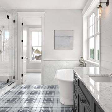 Highland Bristol Glass Mosaic Tile with a tub, sink and shower