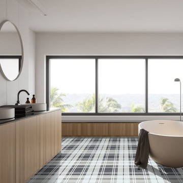 Highland Preston glass mosaic tile with a tub, windows, sink and circular mirror