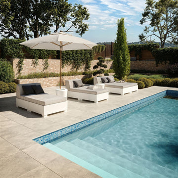 Icy Blue, 1-1/8" x 1-1/8" - Porcelain Tile with daybeds and umbrella 