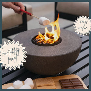 Person roasting marshmallows over a portable fire pit with text overlay.