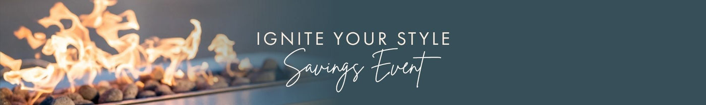 Fireplace with flames and text 'Ignite Your Style Savings Event' on a dark background