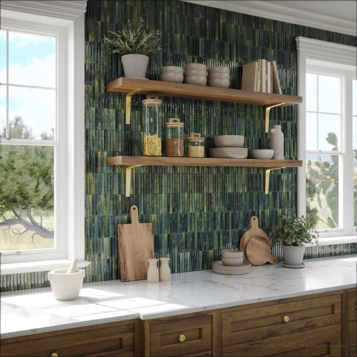 Kitchen with green tiled backsplash and wooden shelves