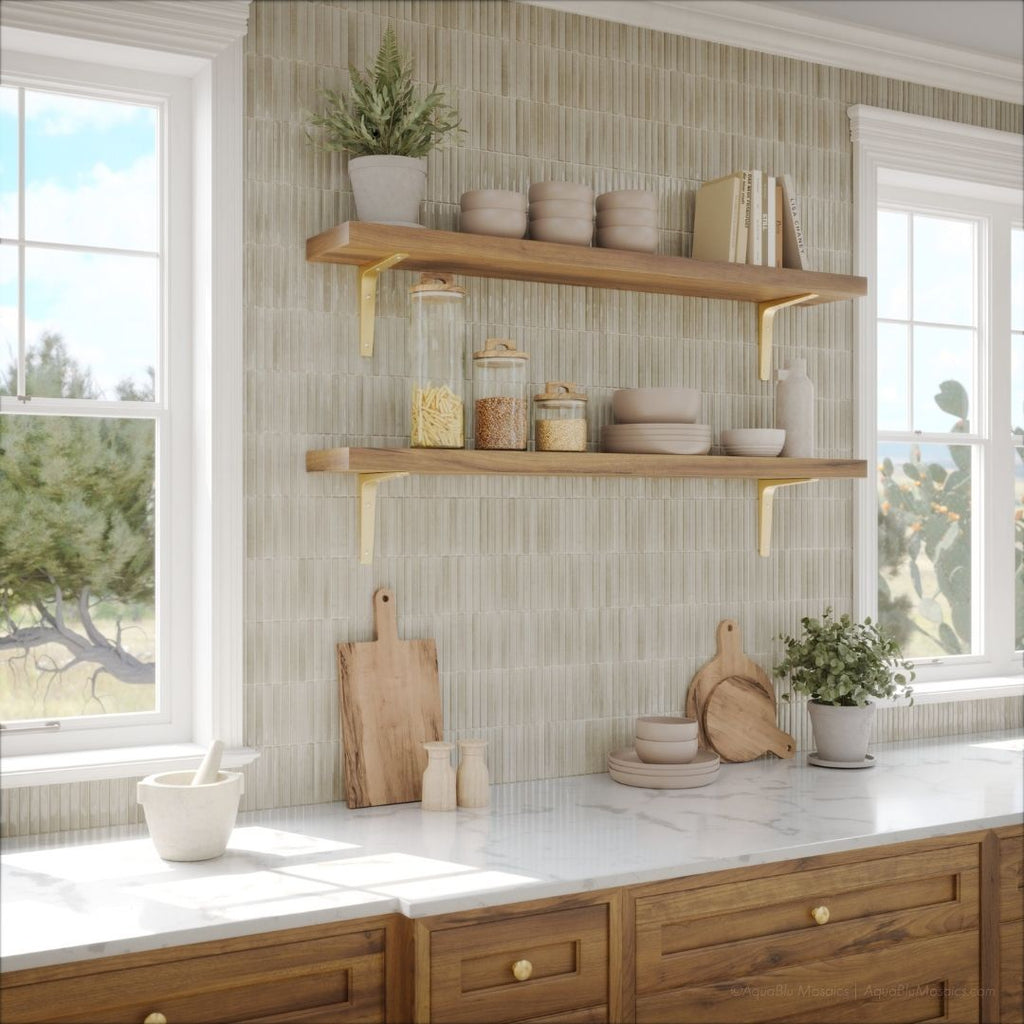 Modern kitchen with wooden shelves, countertop items, and large windows.
