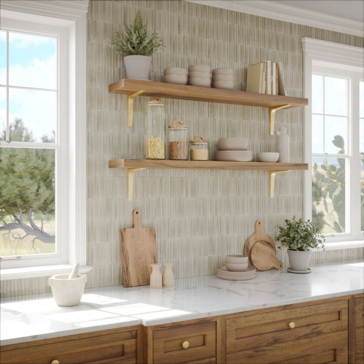 Modern kitchen with wooden shelves, countertop items, and large windows.