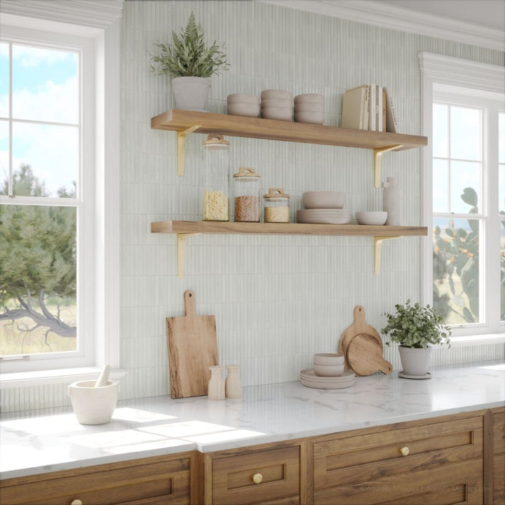 Kitchen with wooden shelves, countertops, and cabinets.