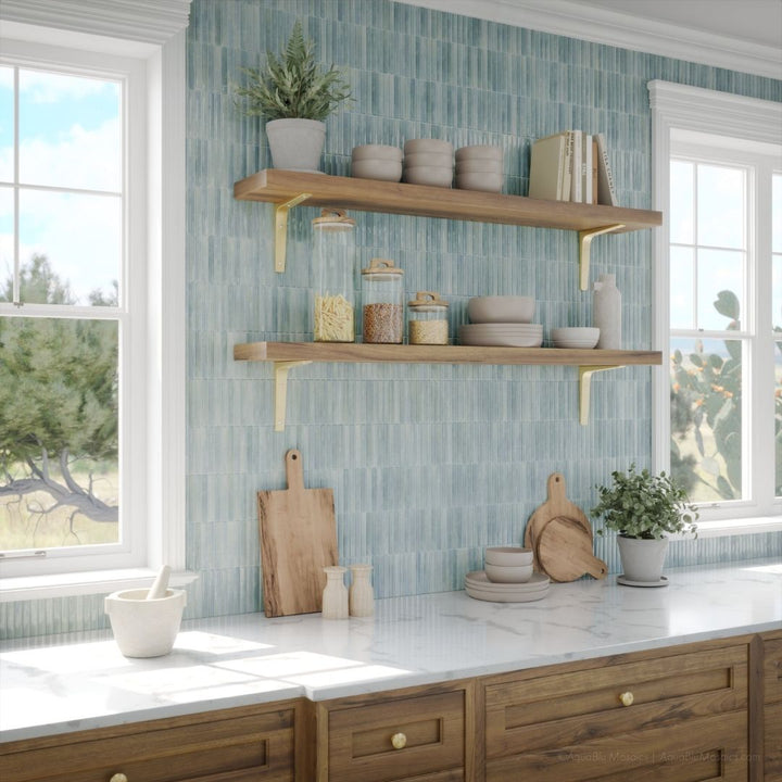 Modern kitchen with wooden shelves, white countertops, and a blue tiled wall.