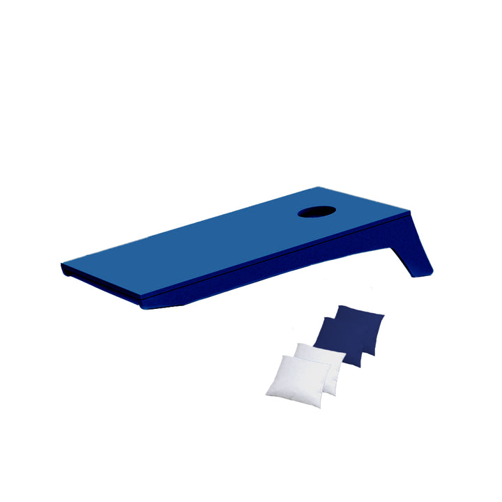 Ledge Lounger Cornhole Game | Navy Blue Board with White and Royal Blue Bags | Luxury Outdoor Games