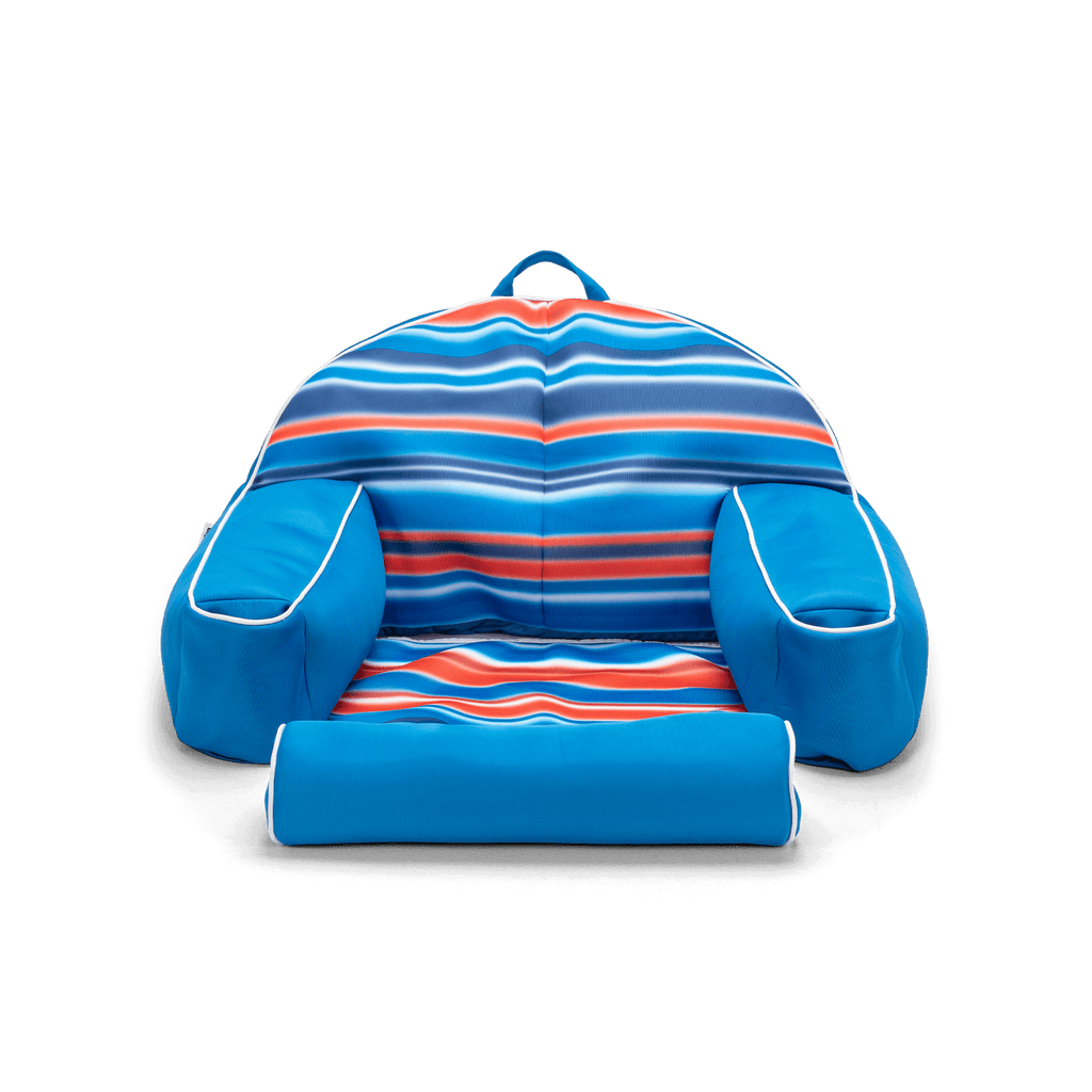 Blue and red striped chair with armrests on a black background