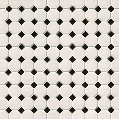 Matte White and Black, Octagon Mosaic | Porcelain Wall and Floor Tile