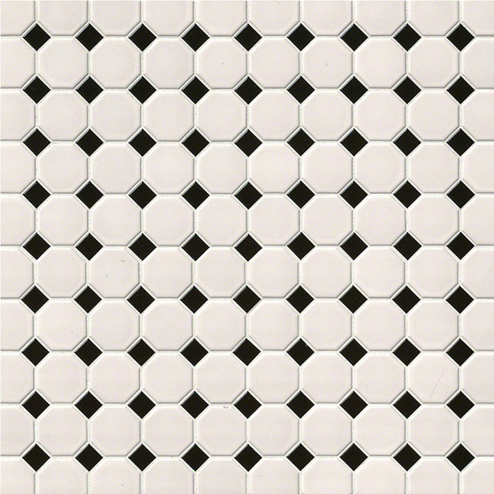Matte White and Black, Octagon Mosaic | Porcelain Wall and Floor Tile