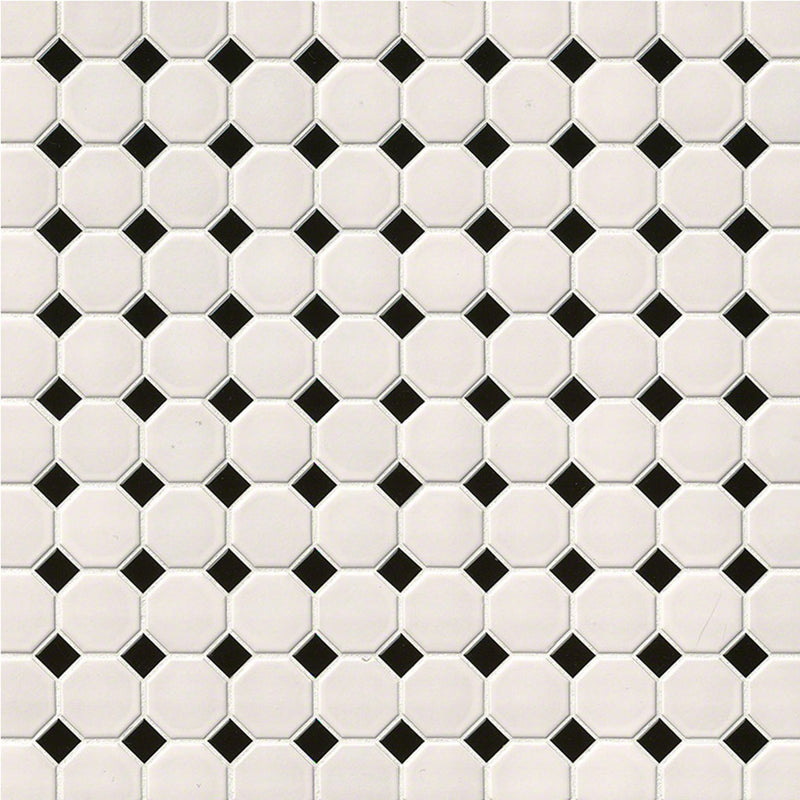 Matte White and Black, Octagon Mosaic | Porcelain Wall and Floor Tile