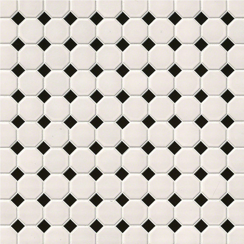 Matte White and Black, Octagon Mosaic | Porcelain Wall and Floor Tile