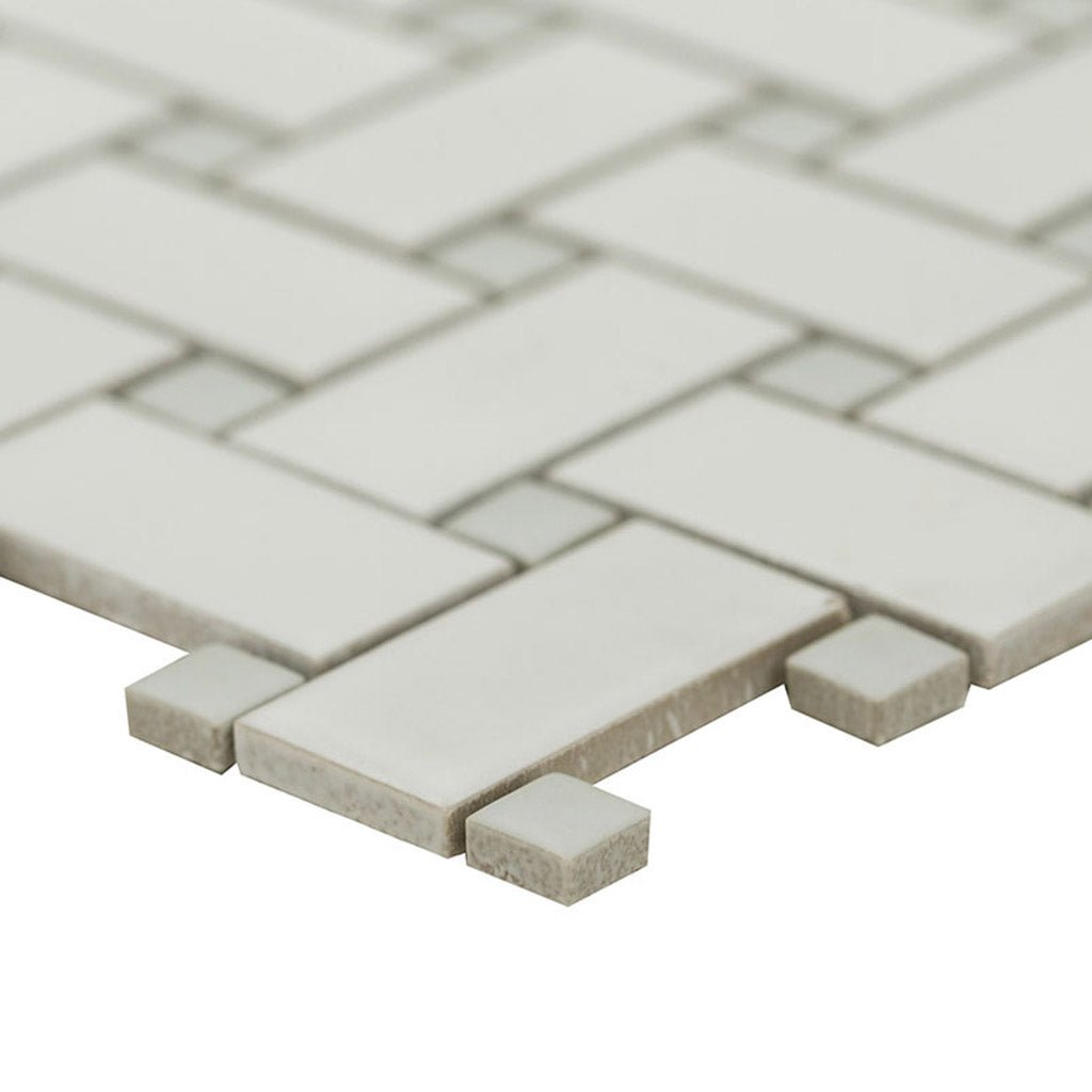 White and Gray, Basketweave Mosaic | Porcelain Kitchen and Bath Tile